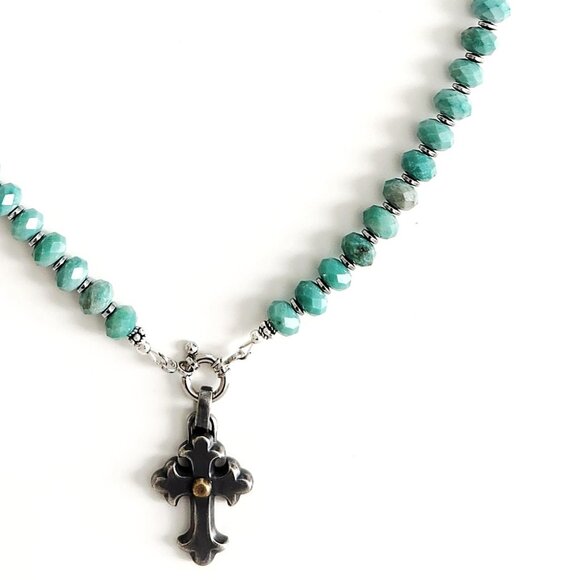 CHRYSOPRASE NECKLACE W/ 925 SILVER CROSS--18" - Picture 3 of 4